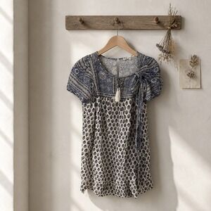 POLYGRAM Blue Cream Floral Smocked bodice dress with shear sleevesWomens Small